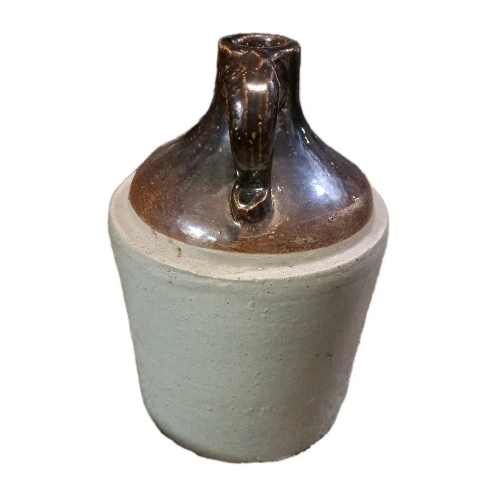 Vintage Moonshine Jug Stoneware Pottery, two tone brown/cream 11